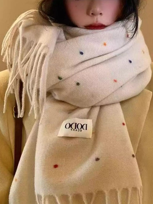 Women's Polka Dot Fringe Scarf in Beige - front view 1
