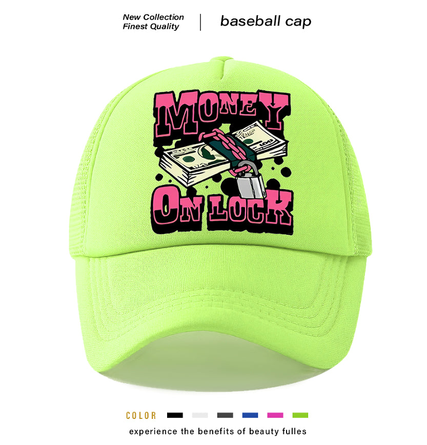 White polyester trucker cap with money graphic