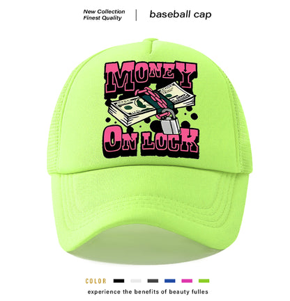 White polyester trucker cap with money graphic