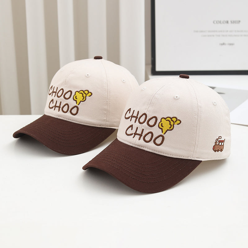 Two beige and brown Choo Choo embroidered baseball caps
