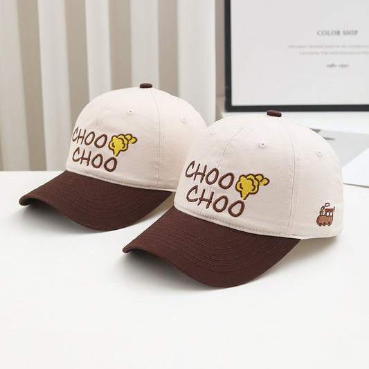Two beige and brown Choo Choo embroidered baseball caps