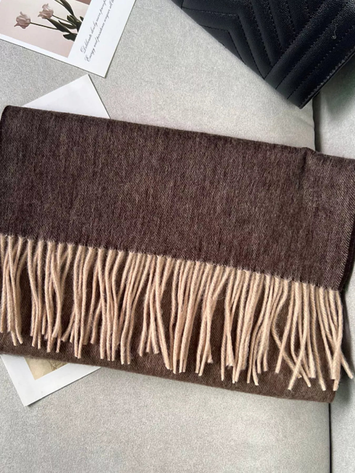 Unisex Color Block Fringe Scarf — brown panel scarf with long pale fringe