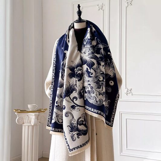 Women's Floral Raw Hem Winter Scarf in Indigo - front view 1