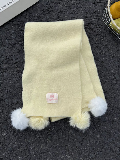 Unisex Pastel Pom-Pom Scarf — yellow knitted scarf with pom-pom trim