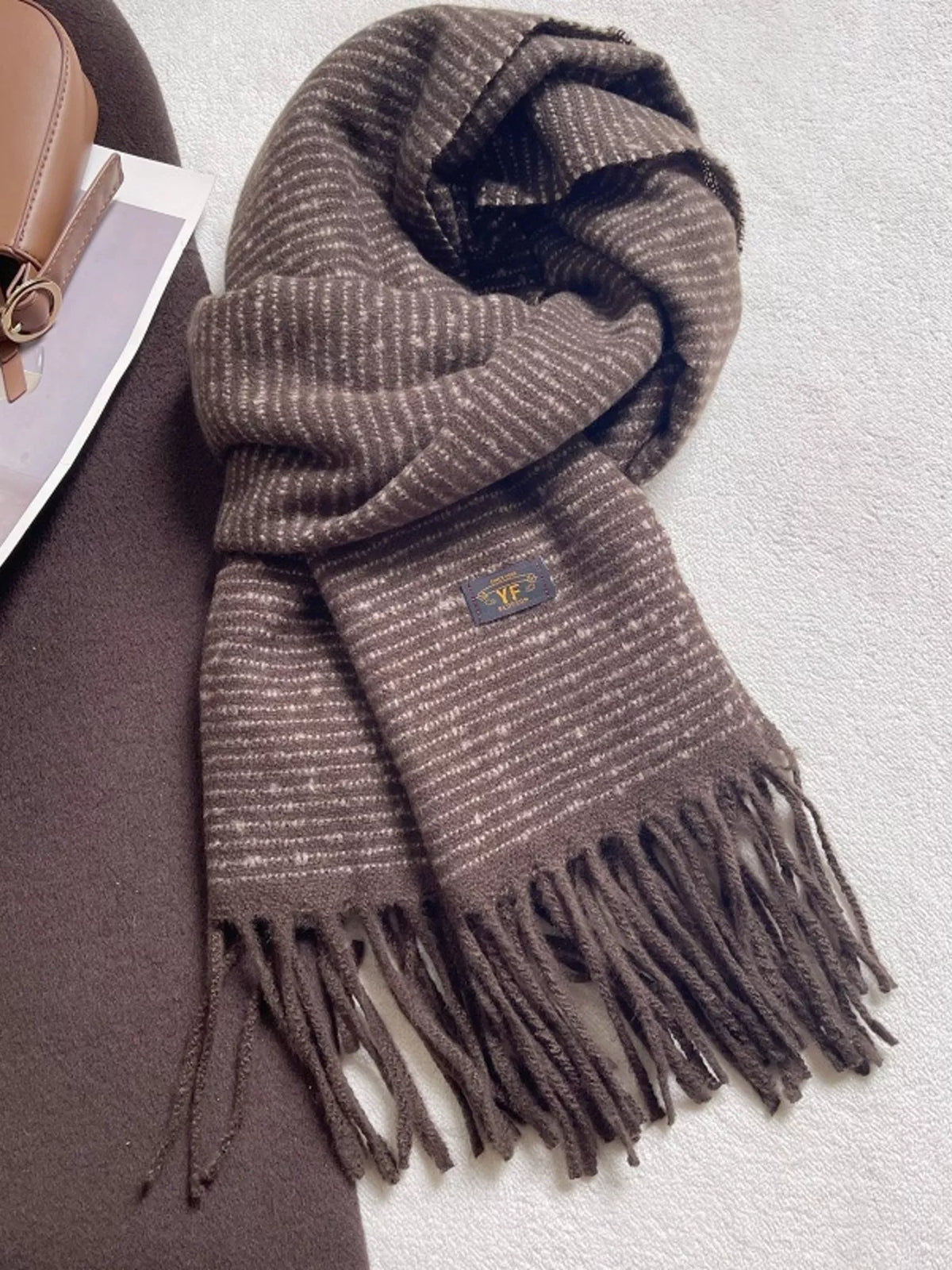 Unisex Warm Striped Tassel Scarf — muted green brown striped scarf tied flat