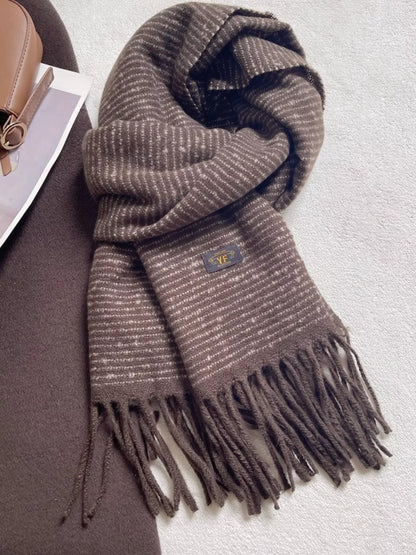 Unisex Warm Striped Tassel Scarf — muted green brown striped scarf tied flat