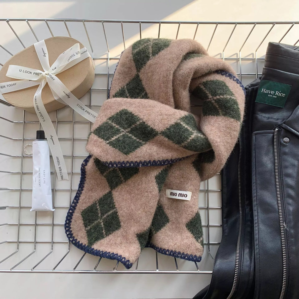 Unisex Argyle Pattern Warm Scarf — mocha scarf with green and tan diamond pattern