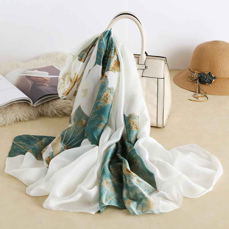 Women's Green Elegant Abstract Print Satin Scarf front view