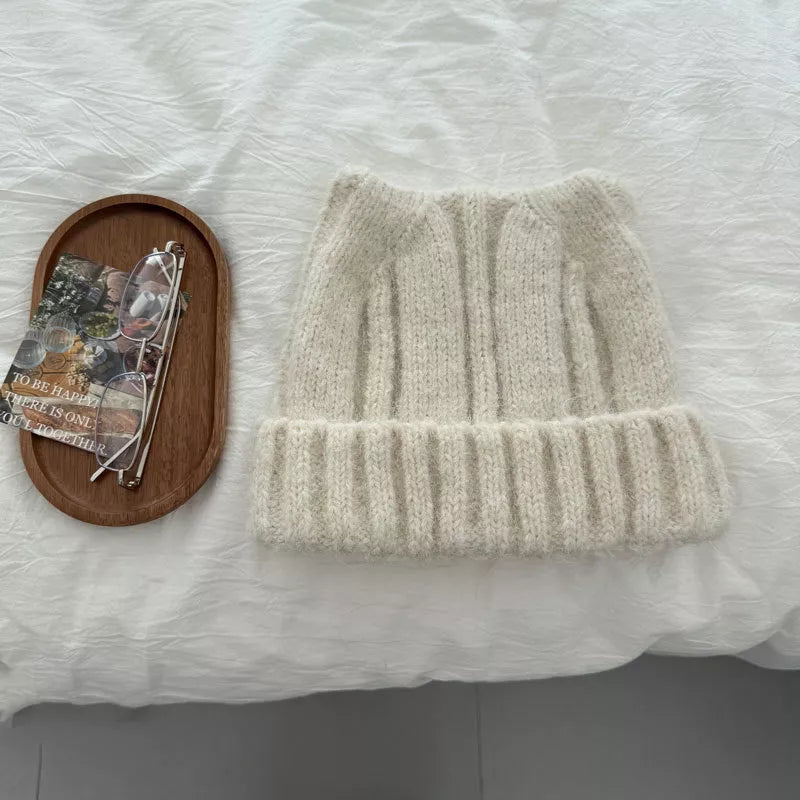 Women's Black Cute Cat Ear Knitted Beanie Hat winter styling view photo 05