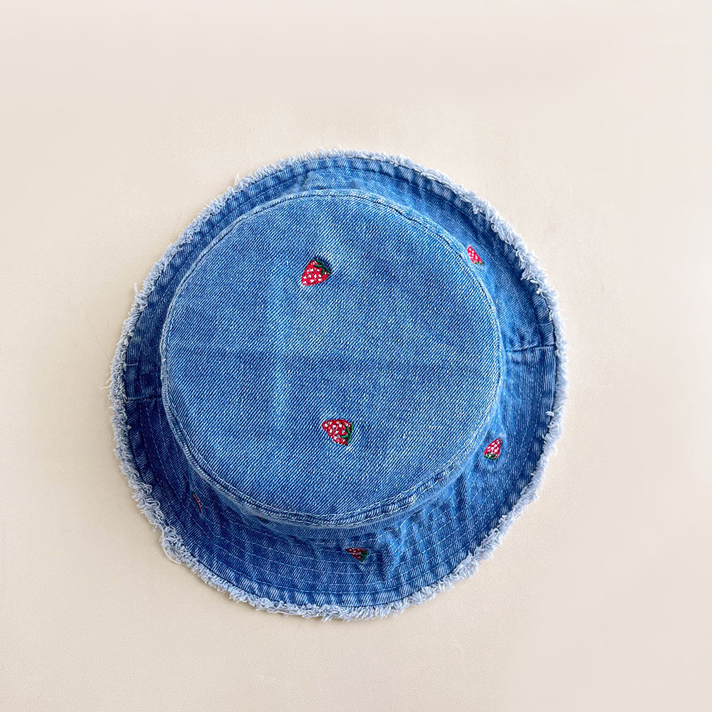 Women's Light blue Strawberry Embroidered Denim Bucket Hat with Frayed Brim casual styling view