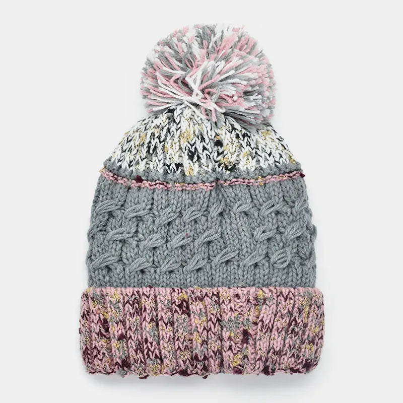 Unisex Contrast Knit Pom Pom Beanie - Beige decorative detail