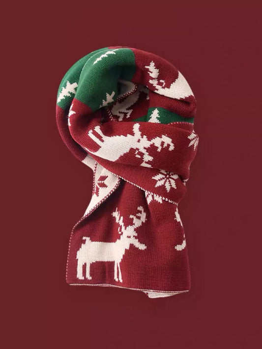 Women's Christmas Reindeer Knitted Scarf in Red - front view 1