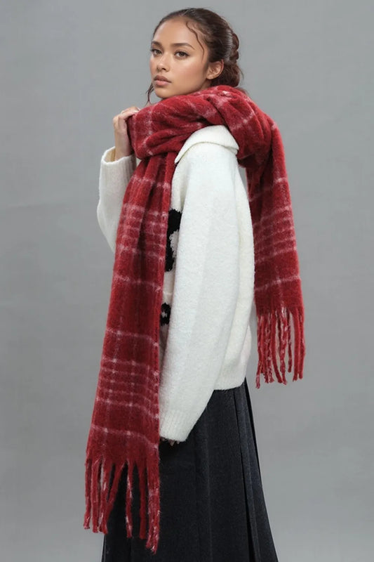 Unisex Fringe Plaid Thermal Scarf in Deep Red - front view 1