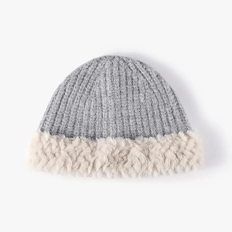 Unisex Faux Fur Trim Knit Beanie - Black crown detail