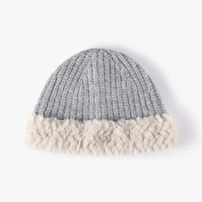 Unisex Faux Fur Trim Knit Beanie - Black crown detail