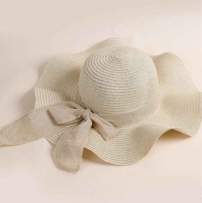 Women's Milky White Linen Ribbon Handwoven Wide Brim Bow Straw Sun Hat fit detail