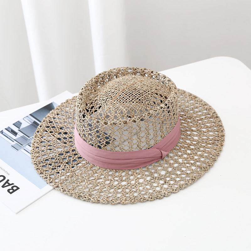 Women's beige open-weave linen sun hat front view