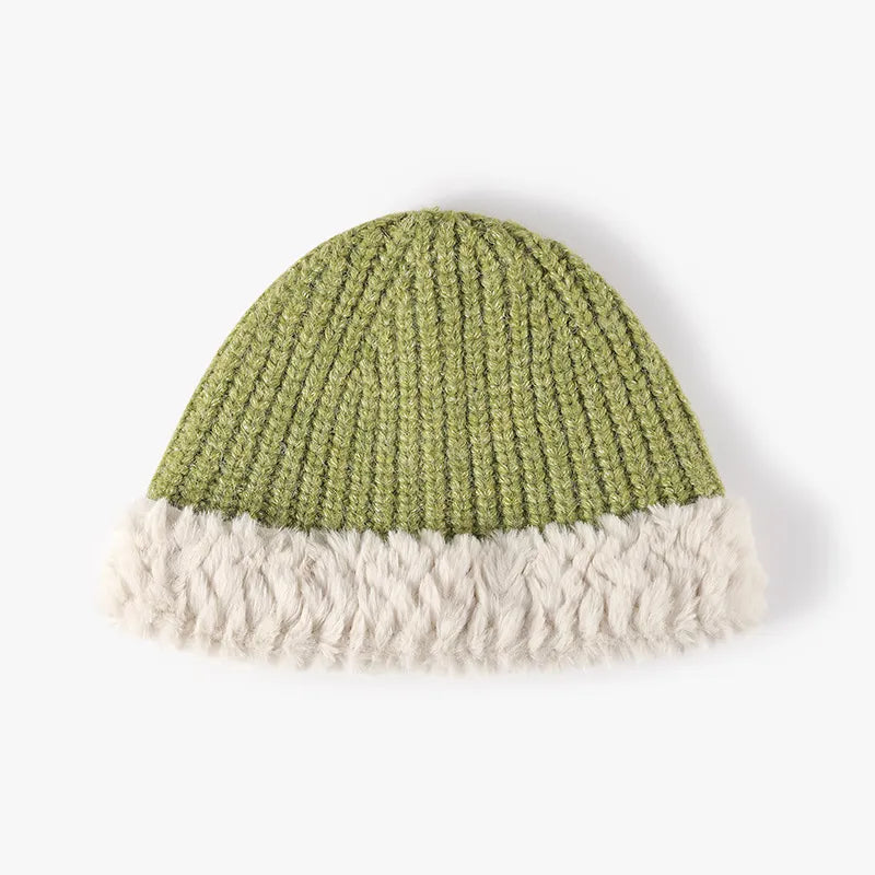 Unisex Faux Fur Trim Knit Beanie - Light Gray side angle