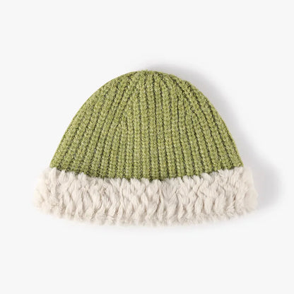 Unisex Faux Fur Trim Knit Beanie - Light Gray side angle