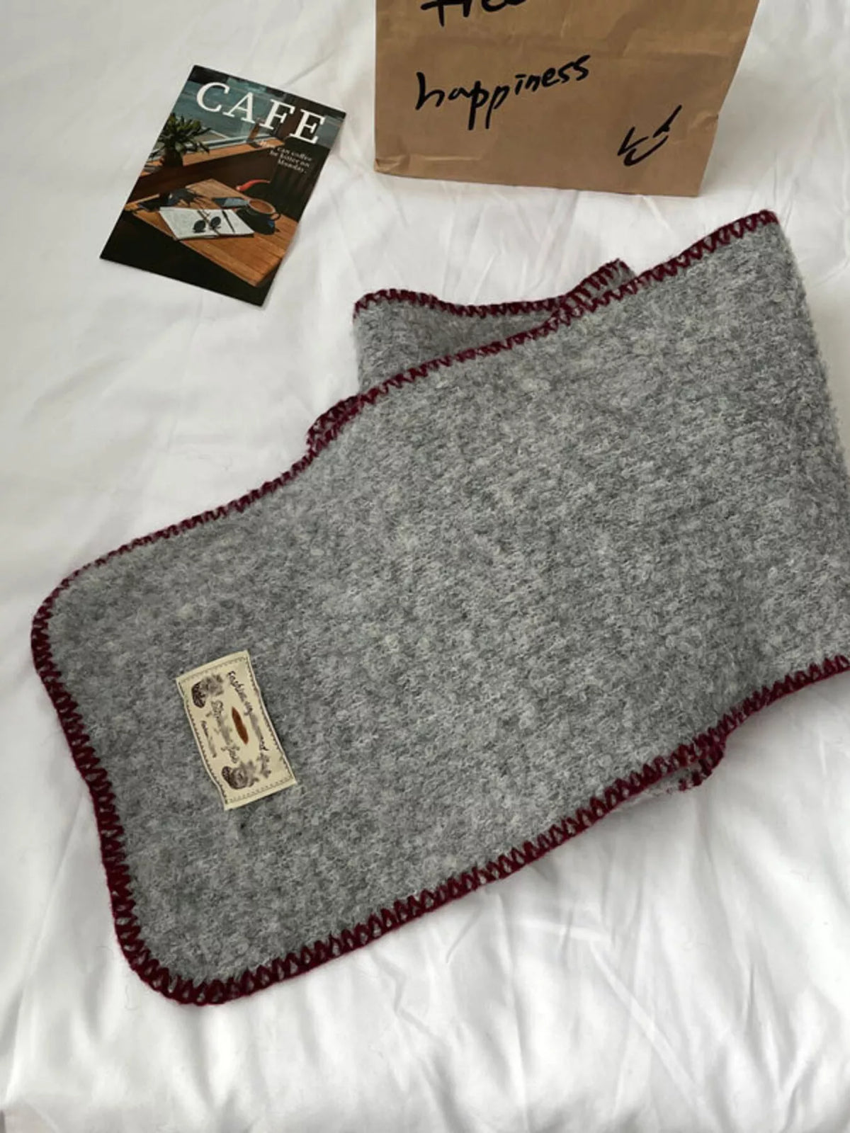 Unisex Contrast Edge Plush Scarf — light gray scarf with darker outlined edges