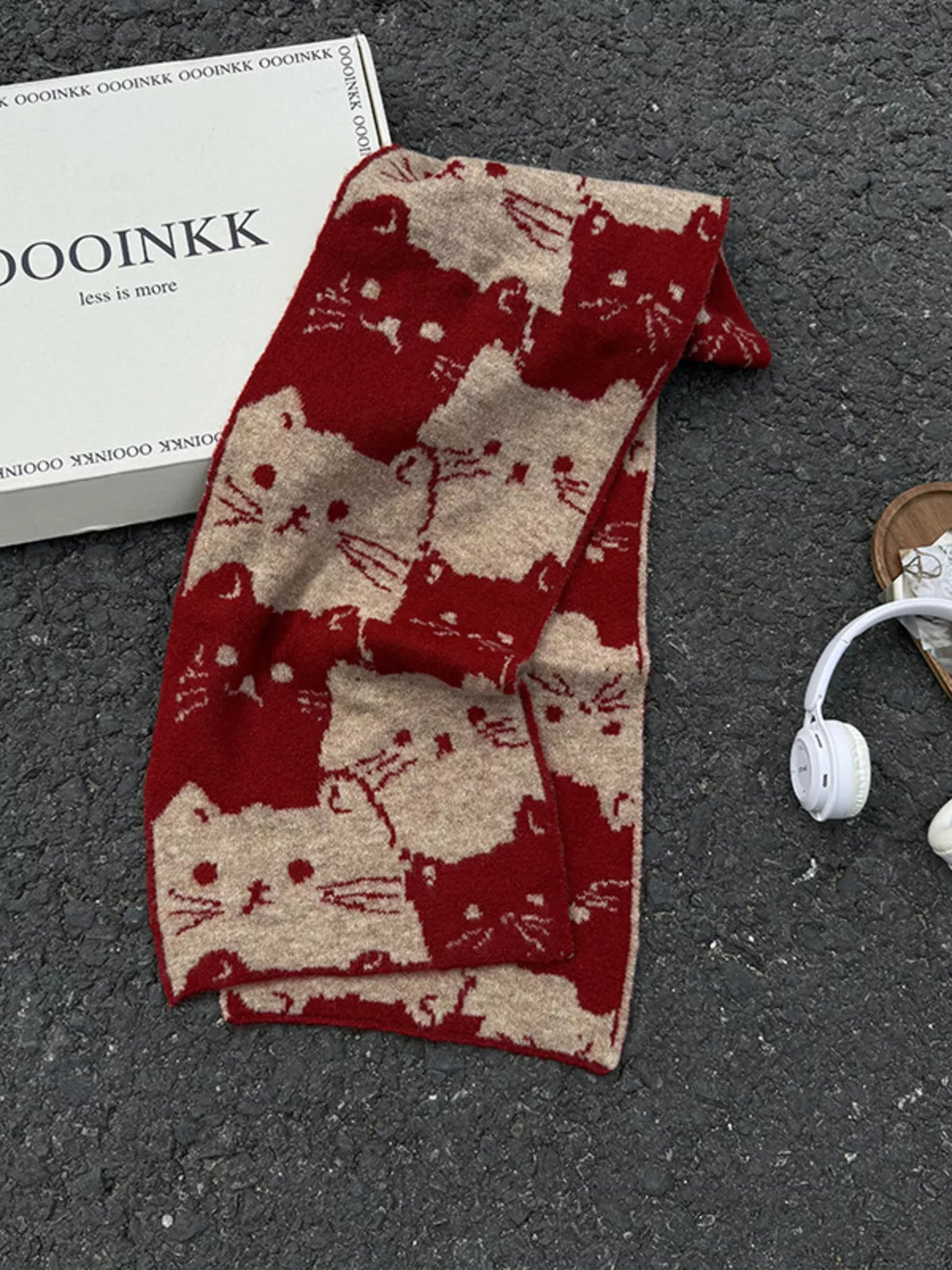 Unisex Allover Cat Knit Scarf — red cat patterned scarf loosely arranged