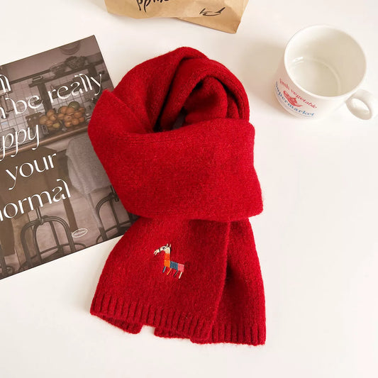 Women's Embroidered Warm Winter Scarf in Deep Red - front view 1