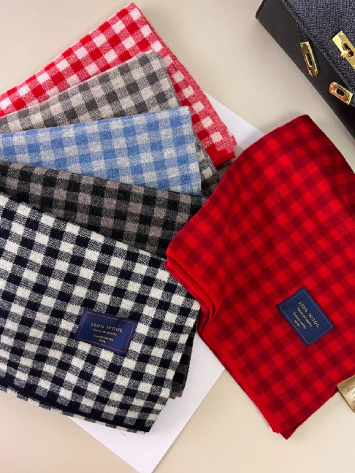 Unisex 100% Wool Plaid Scarf — selection of red blue and dark checked scarves
