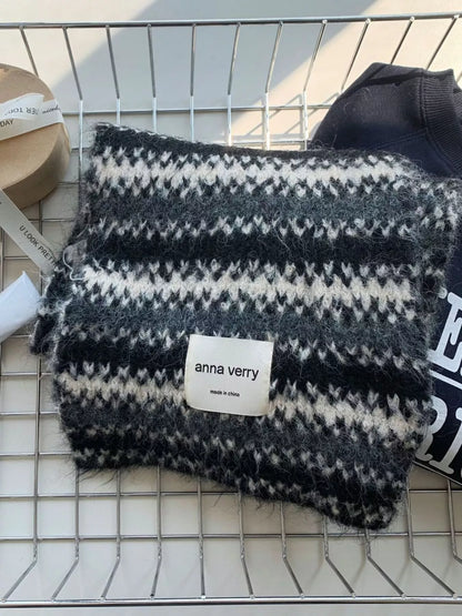 Unisex Striped Knitted Warm Scarf — folded gray striped scarf showing fuzzy knit surface