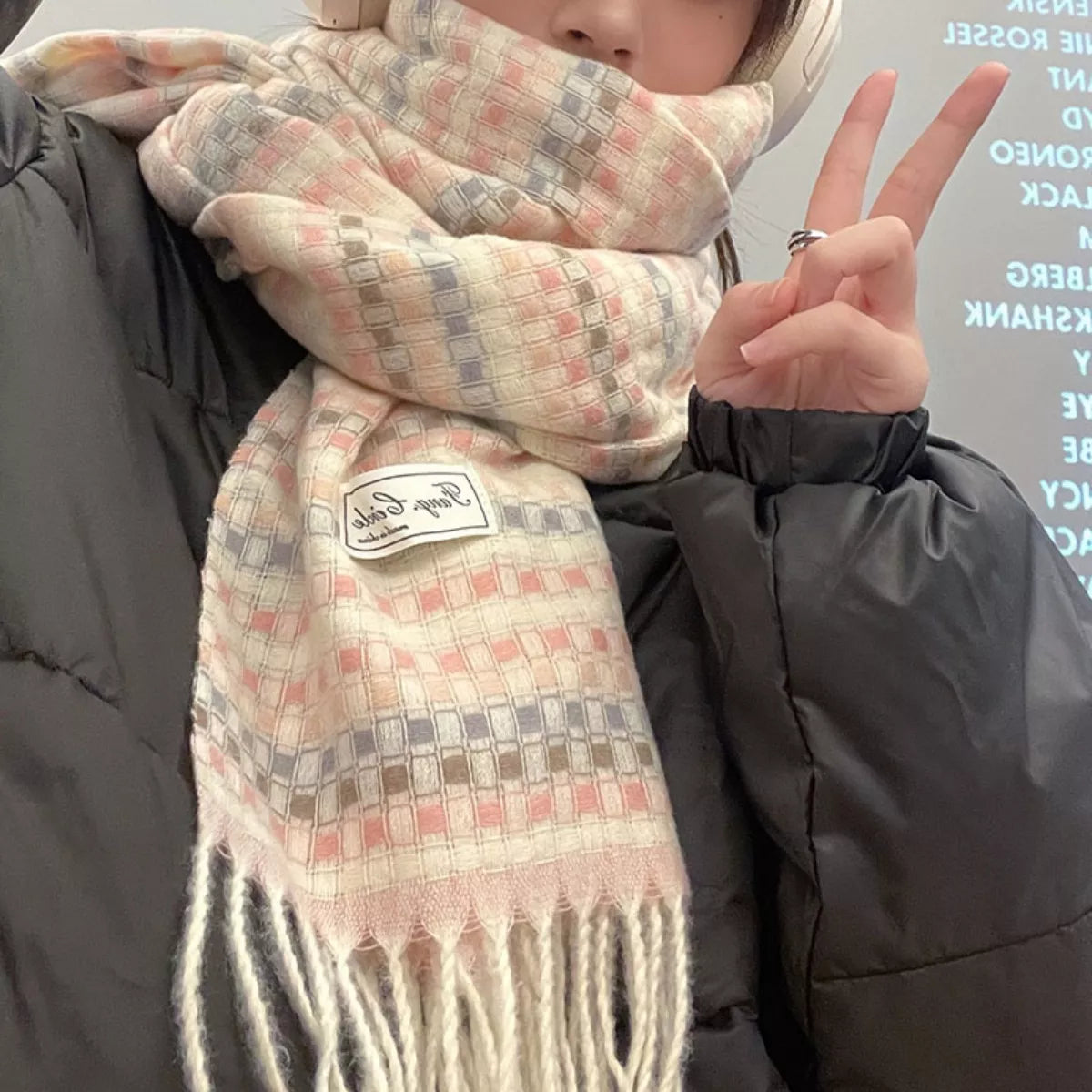 Unisex Soft Patterned Fringe Scarf — closer outfit view of the long patterned scarf