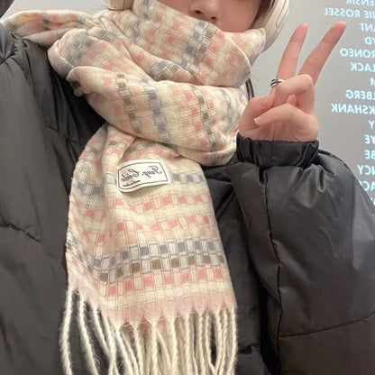 Unisex Soft Patterned Fringe Scarf — closer outfit view of the long patterned scarf