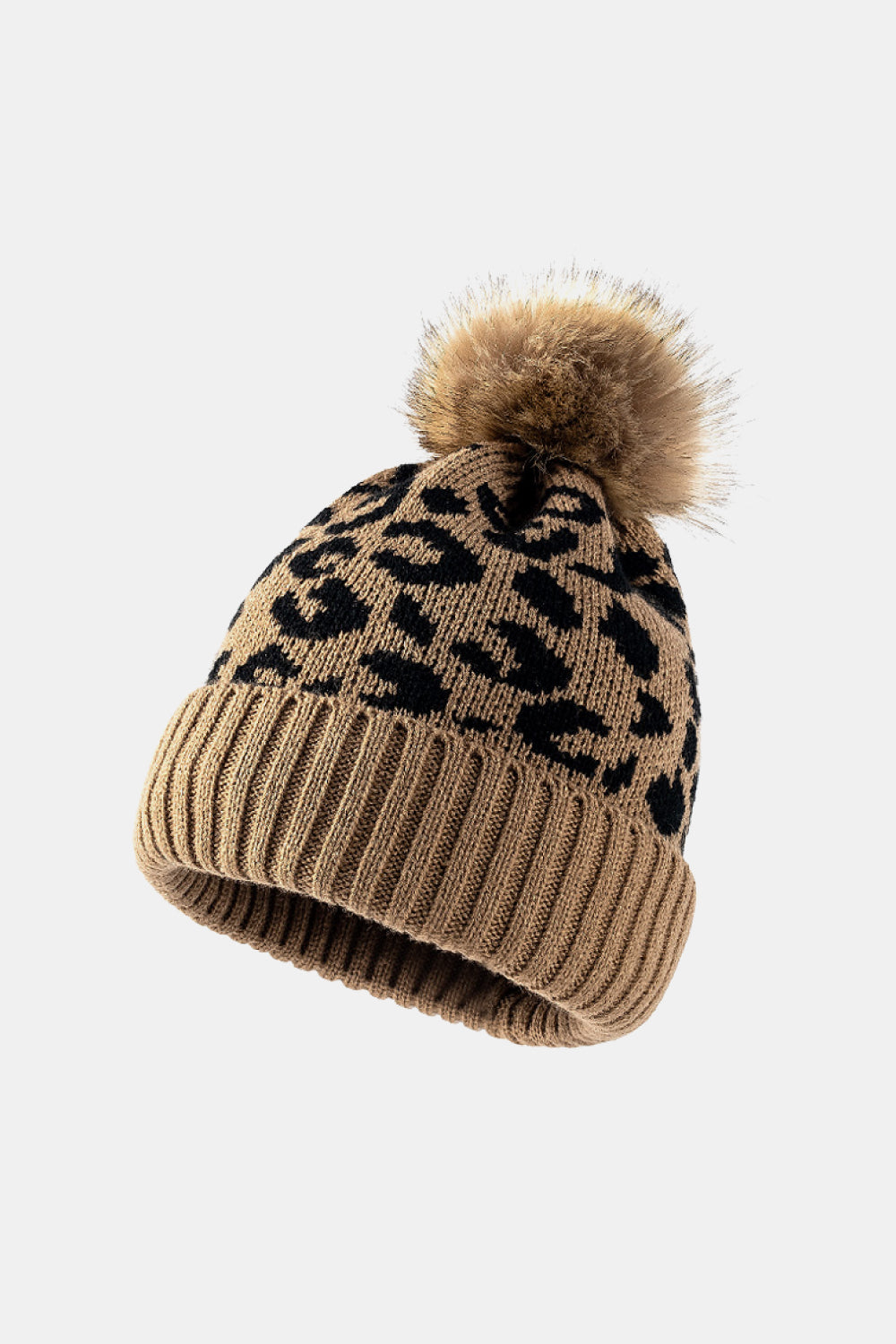 Women's Khaki Leopard Pom-Pom Cuffed Beanie soft material close-up photo 07