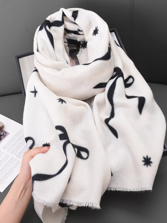 Women's Bow Print Lightweight Scarf in White - front view 1