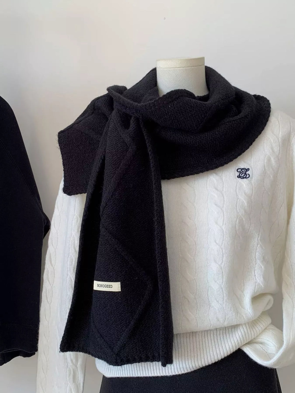 Unisex Solid Color Knitted Winter Scarf — black solid scarf with a short front drape