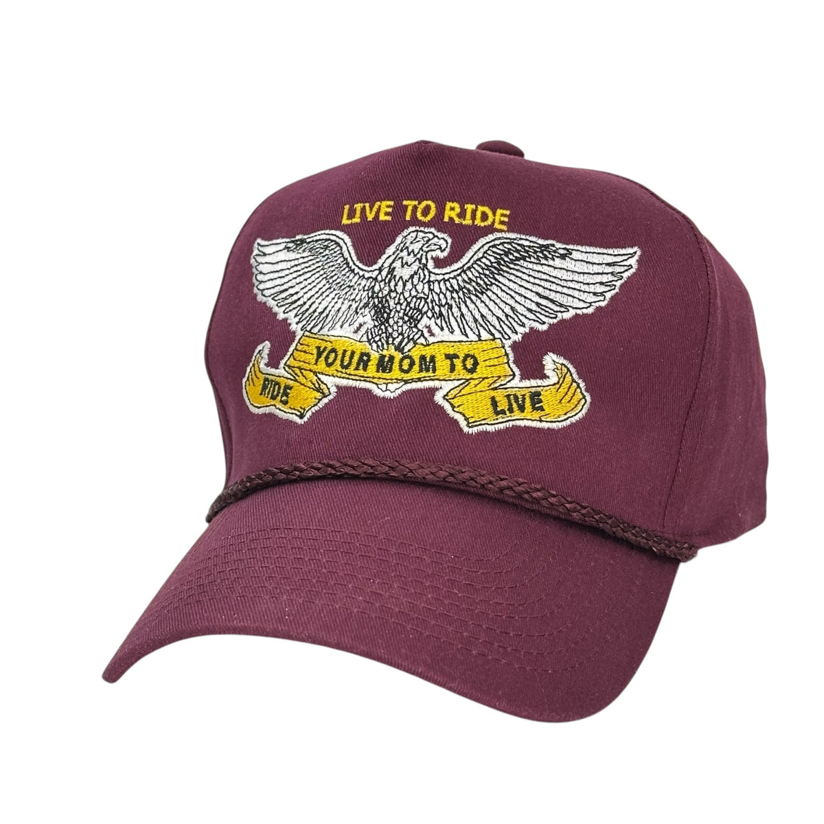 Angled view of the Live to Ride cap showing its curved brim and embroidery