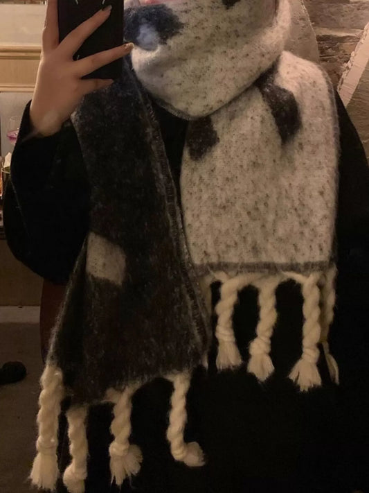 Unisex Oversized Chunky Knit Fringe Scarf in Gray - styled detail 2