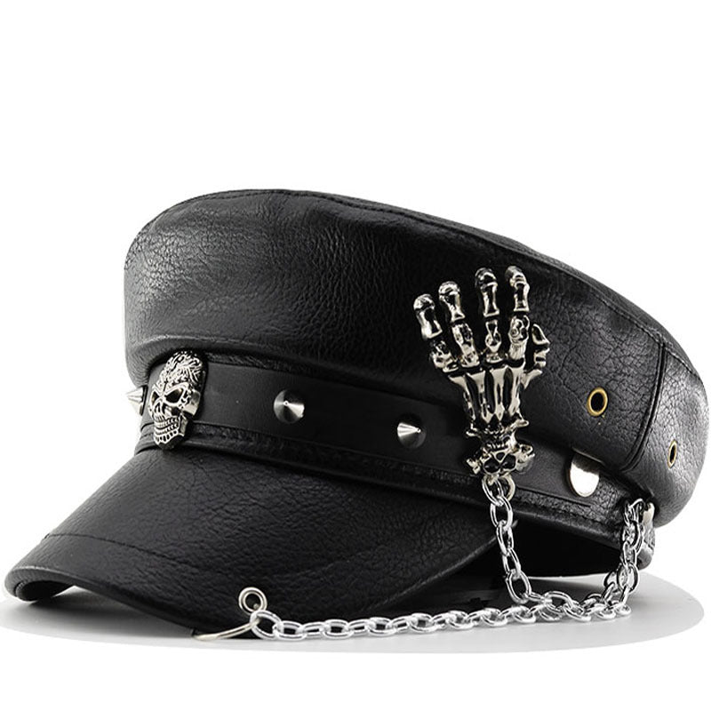Unisex Black PU Leather Skull Punk Peaked Cap - Leopard Pattern brim profile
