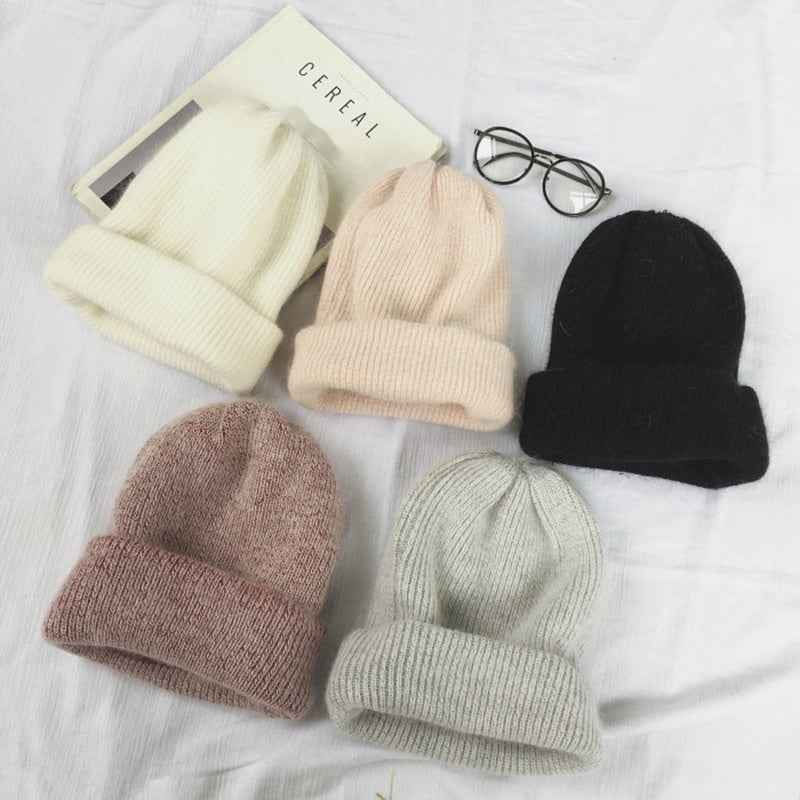 Unisex Rabbit Wool Ribbed Winter Beanies