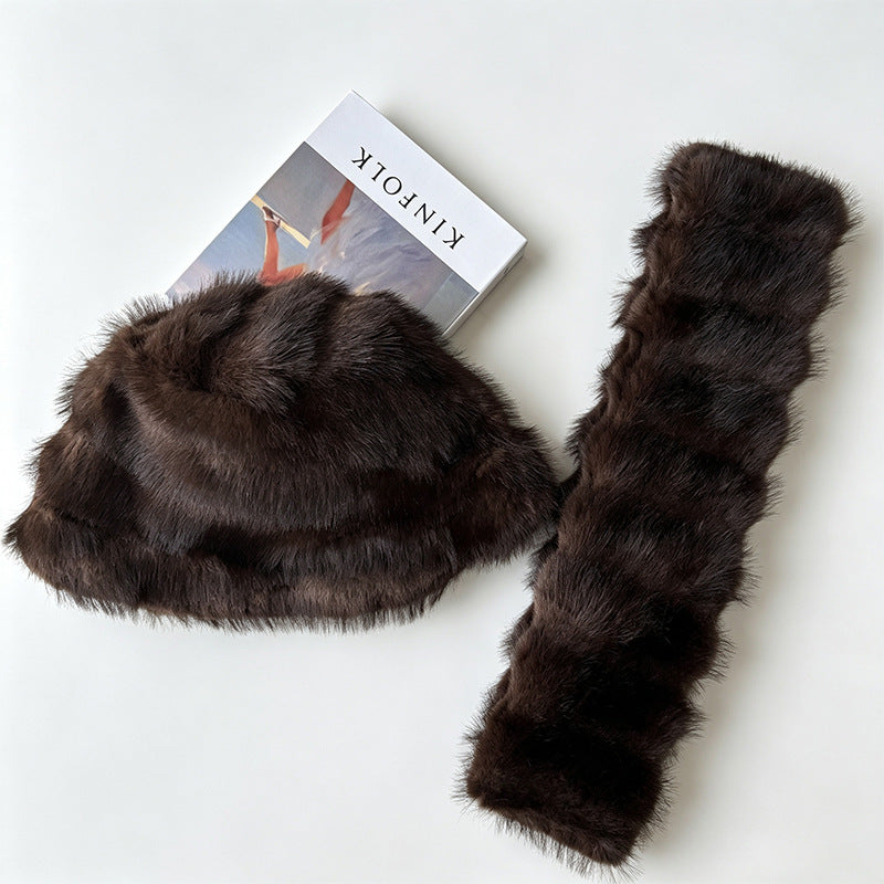 Brown plush winter hat and coordinating scarf displayed as a two-piece set