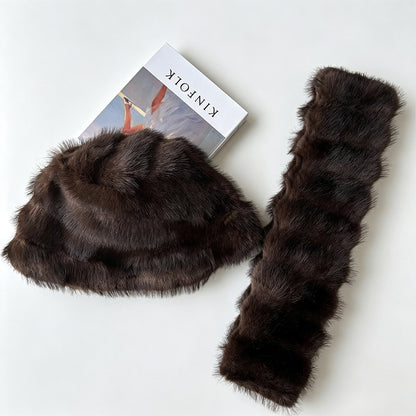 Brown plush winter hat and coordinating scarf displayed as a two-piece set