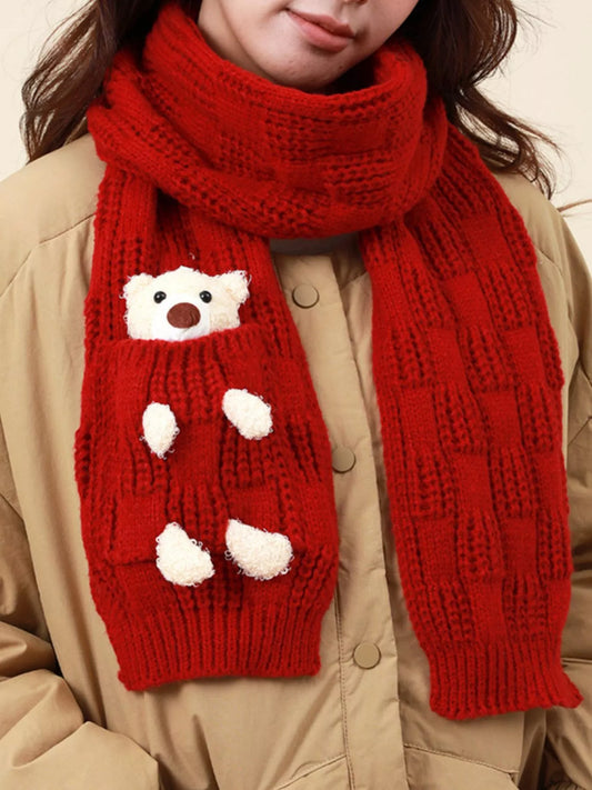 Women's Christmas Cute Bear Pocket Knitted Scarf in Red - front view 1