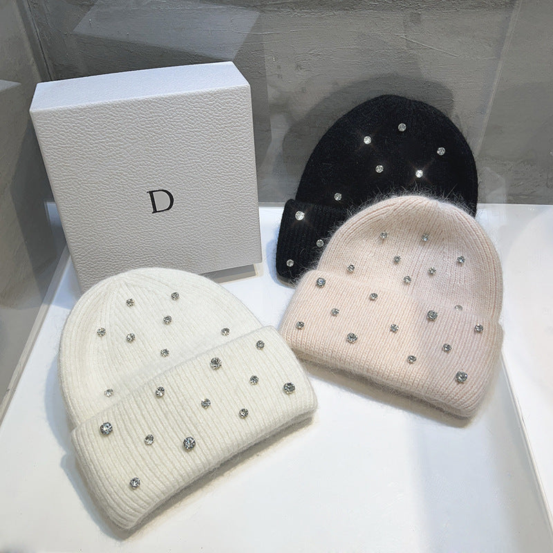 Women's Rhinestone Studded Knit Autumn-Winter Beanie — white pink and black beanies arranged as a group