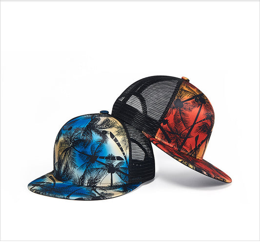 Blue and red tropical palm print mesh trucker caps