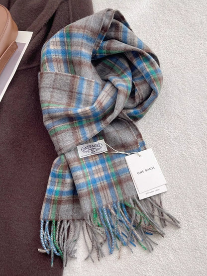 Unisex Heritage Wool Plaid Scarf — multicolor plaid scarf tied to show crossing bands