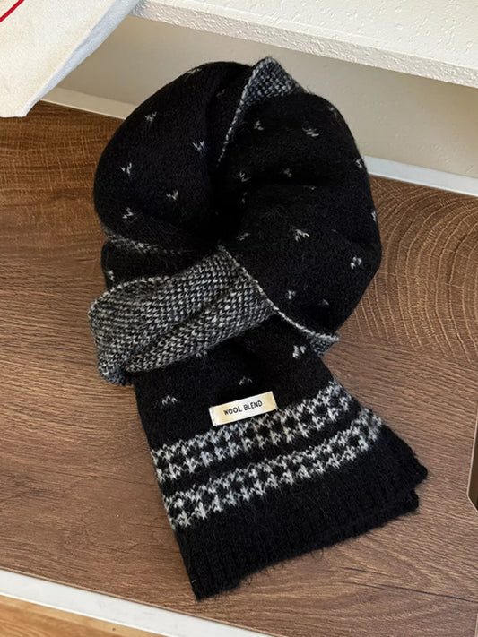 Unisex Flecked Border Knit Scarf — black scarf looped to show patterned end bands