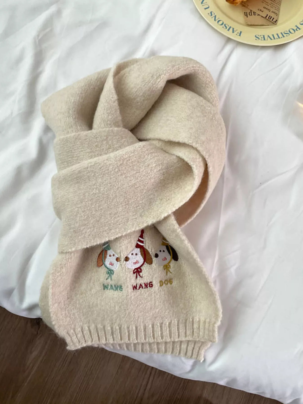 Unisex Embroidered Dog Knit Scarf — off-white dog embroidered scarf loosely looped