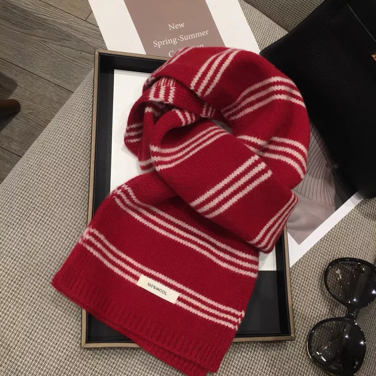 Unisex Wool Striped Contrast Knit Warm Scarf — red contrast stripe scarf loosely looped