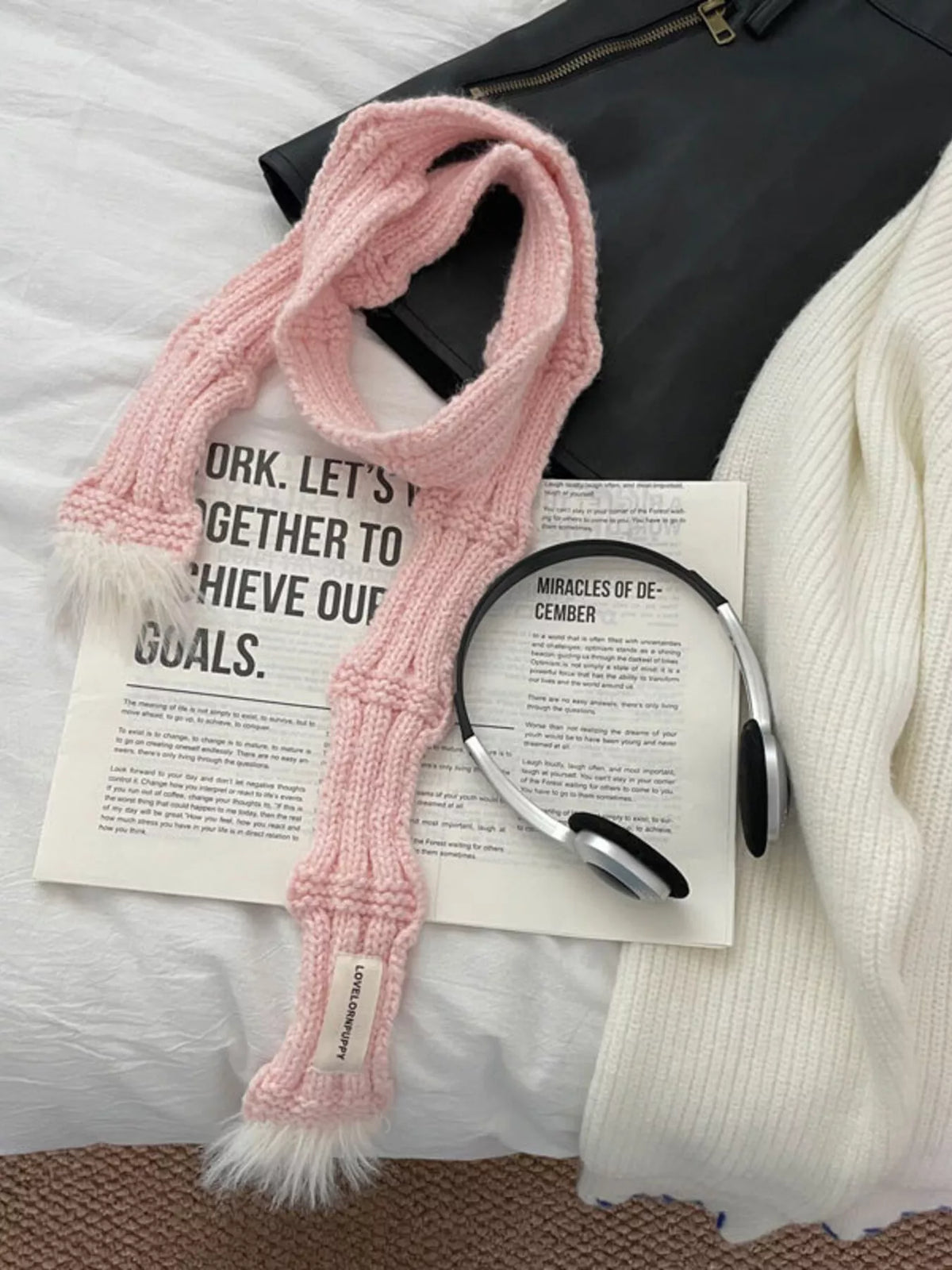 Unisex Plush-Tip Skinny Knit Scarf — pink skinny scarf with fluffy-looking ends
