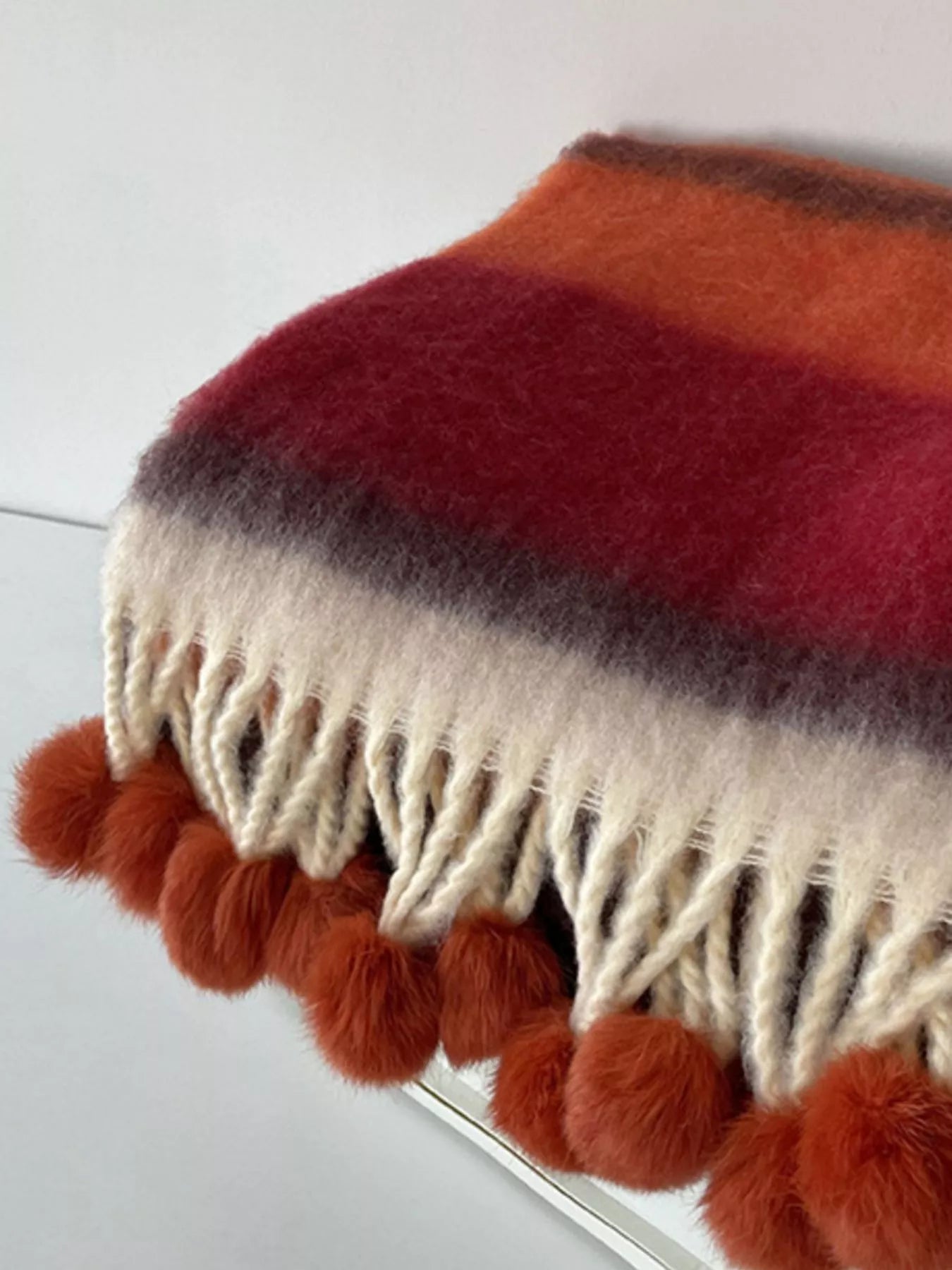 Women's Rainbow Striped Fuzzy Scarf with Pom-Poms in Style A - front view 7