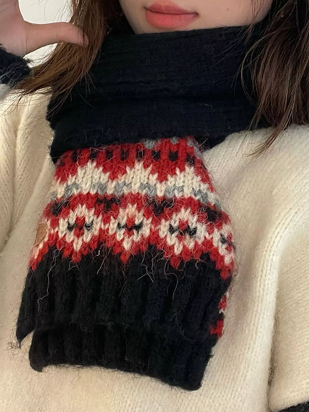 Unisex Nordic Motif Knit Scarf — black scarf worn with red and pale Nordic motif band