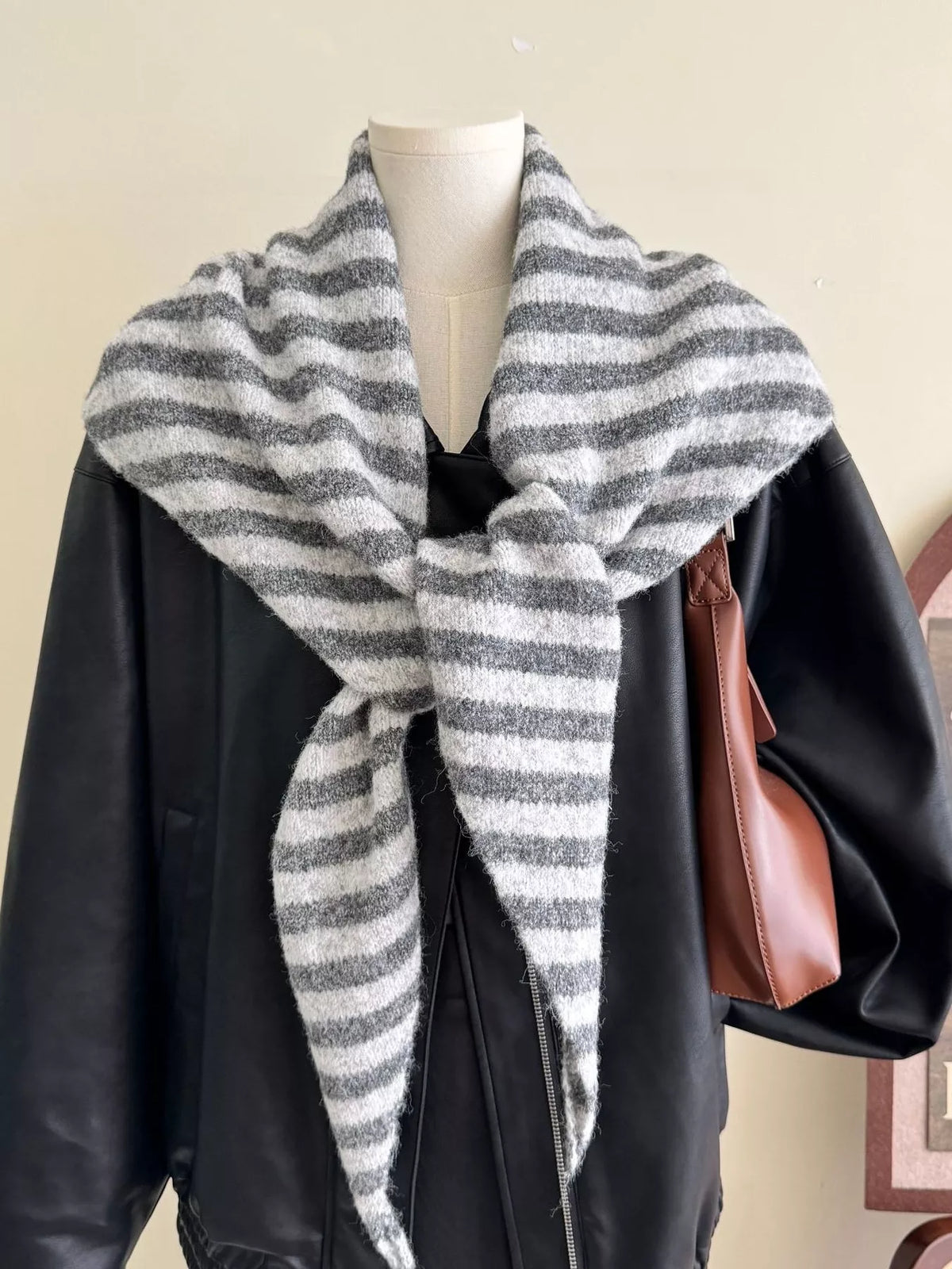Unisex Striped Knitted Winter Scarf — 70.9-Inch — gray striped scarf tied over black outerwear